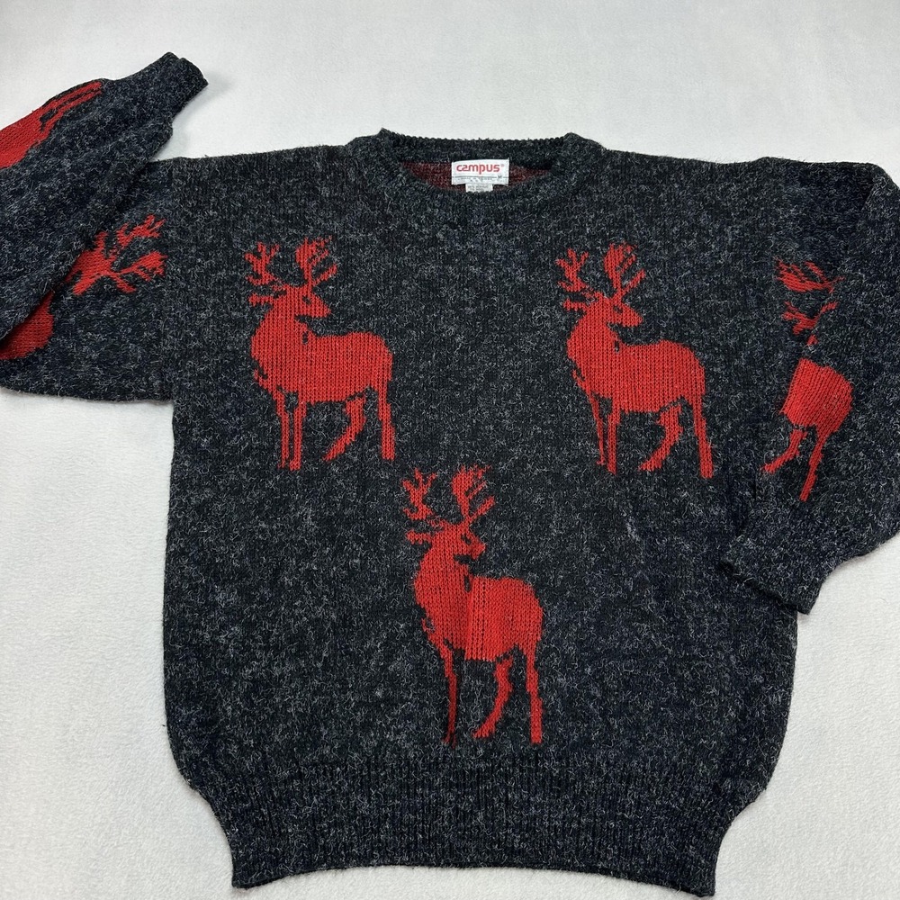 Vintage Campus Sweater Mens Medium Deer Stag Animal Pullover 80s Taiwan Grampa